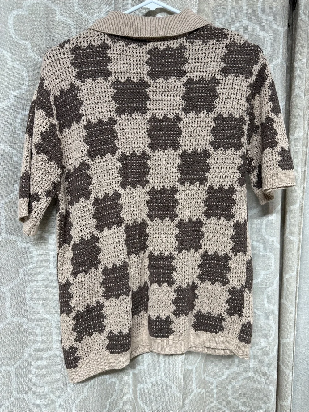 Massive Luxury Edition Crochet Knit Polo Cardigan in Beige & Chocolate
